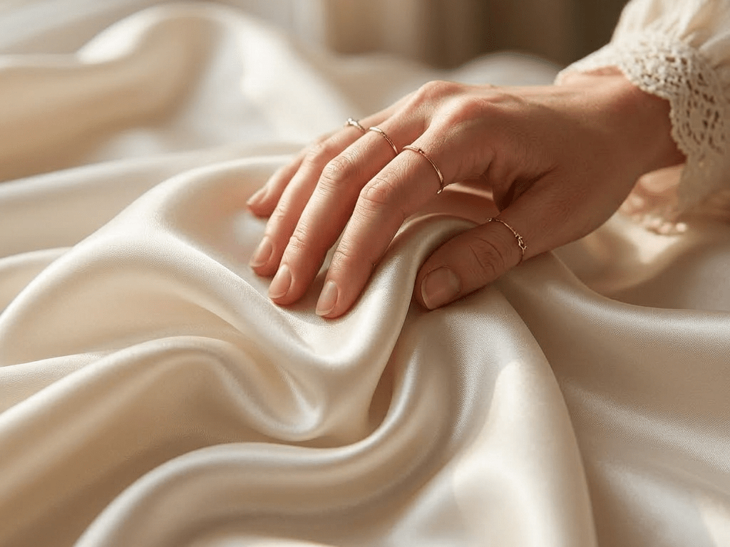 Hand with delicate gold rings resting on soft textured beige fabric