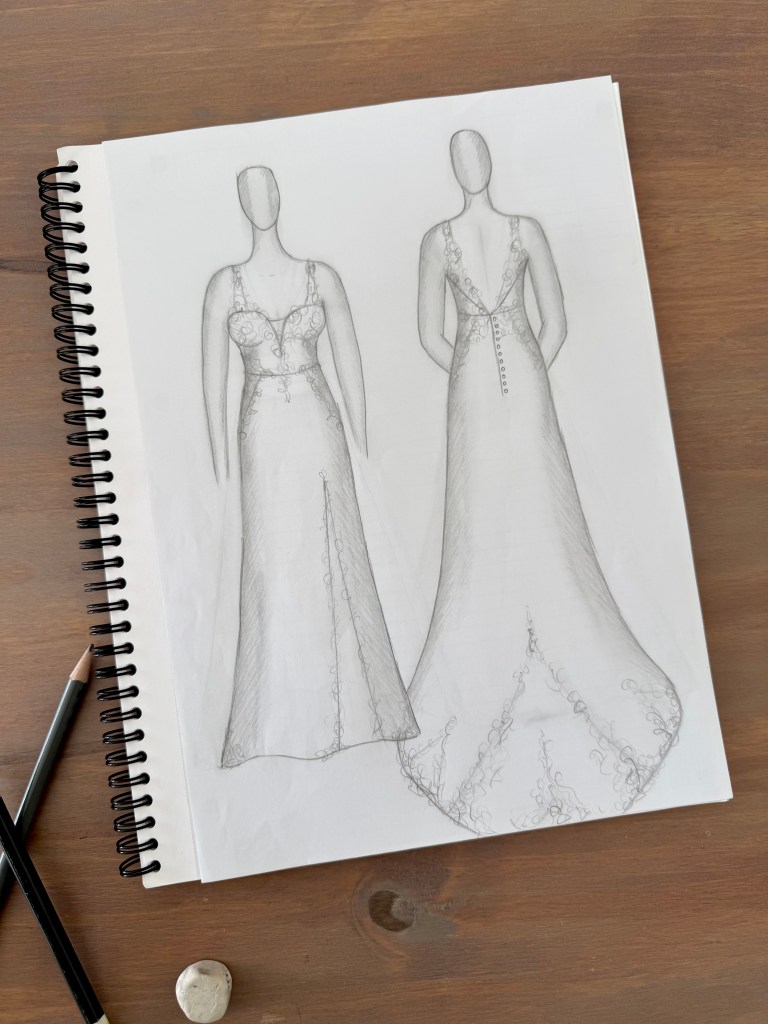 Croquis d'une robe long en pencil, vue de face et de dos, avec des détails de broderie.